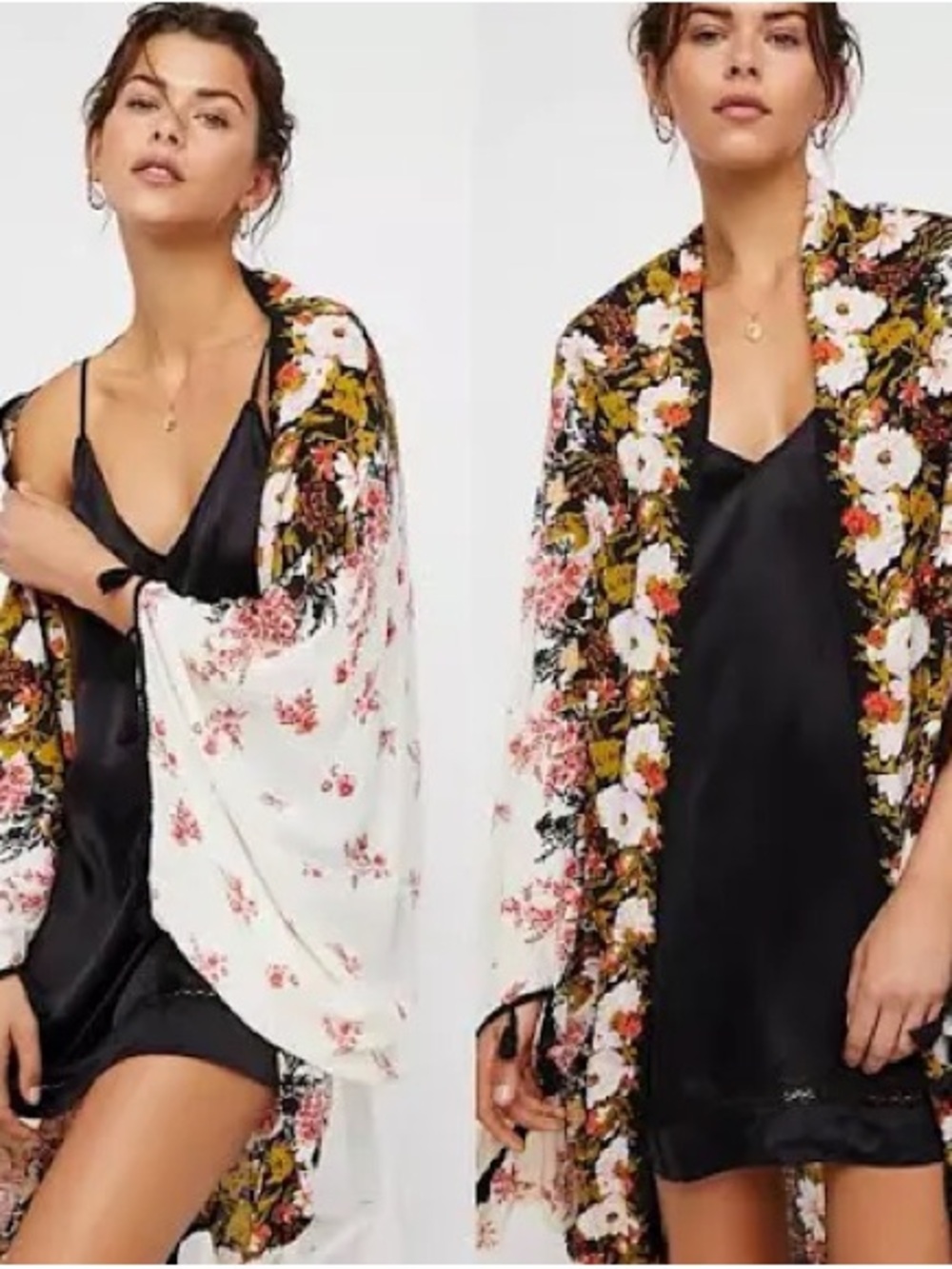 Floral Satin Robe Kimono - Black & White Floral